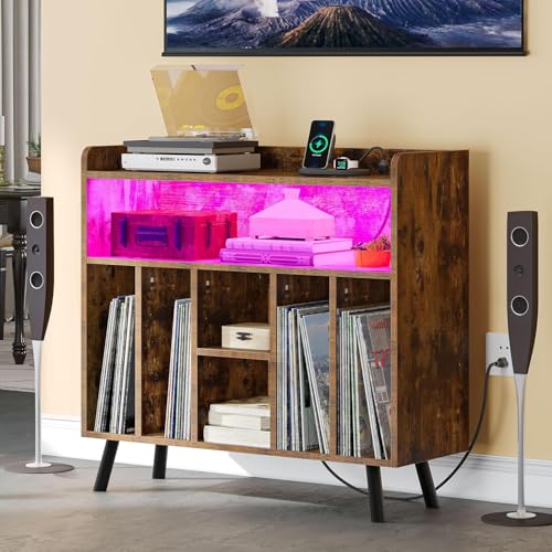 DWVO Large Record Player Stand with Power Outlets & LED Lights, Turntable Stand with Display Shelf Holds Up to 120 Albums, Vinyl Record Storage Table for Living Room, Bedroom, Brown