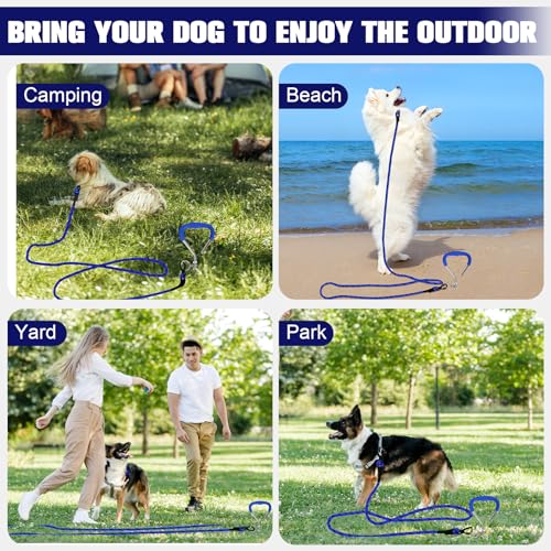 Image of Mihachi Dog Tie Out Stake and Long Dog Leash, Reflective Recall Training Lead Leash with Removable Handle,15.8in Ground Stake,Ideal for Yard, Camping and Beach,Suitable for Medium Dogs, Blue 30FT