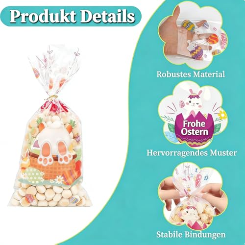 TAKUZA 100 Stück Cellophantüten Ostern 13x27,5cm | Transparente Ostertüten mit Hasen & Eiern Design | Inkl. Goldene Bindebänder für Süßigkeiten, Kekse, Candybar & Osterparty Geschenkverpackungen