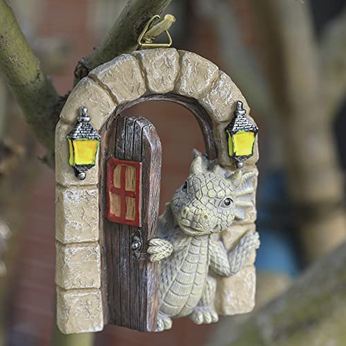 Dragon Garden Ornament Resin Craft Ornament Statue Fairy Door For Wall Fairy Door Yard Art Outdoor And Garden Solar Light Luminous Sand Open Door Dragon Wall Statue Outdoors Decor (Open The Door) #TOP3