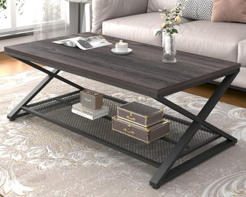LVB 47 Inch Coffee Table, Industrial Wood & Metal 2-Tier Storage Centerpiece, Rectangular...