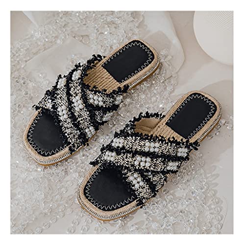 Pantoufles en coton et lin noir taille 36 pour femme avec sandales plates d'été
