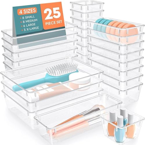 Image of SpaceHacks 25 PCS Plastic Drawer Organizer Set, 4-Size Versatile Organizer Trays & storage Bins for Makeup, Jewelry, and Gadgets in Bathroom, Bedroom and Office,Clear White