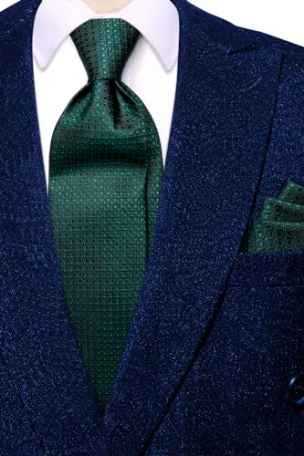 Image of Hi-Tie Mens Plaid Ties Classic Paisley Necktie with Handkerchief Cufflinks Set Business Stripe Tie,Dark Green