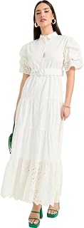 Women Schiffli Tiered Maxi Dress with Belt Detail | Elegant Flared Long Dress with Adjustable Waist Belt for Casual, Party Comfortable Summer Outfit