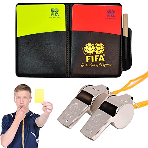 NAMIS Juego de Tarjetas de Arbitro Futbol Kit de árbitro Deportivo con Cordon, Silbato de árbitro de Metal, Lápiz, Accesorios Futbol para Juegos de Futbol