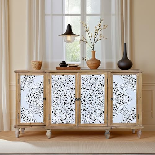 Image of Solid Wood Frame Farmhouse Buffet Cabinet, Antique White Carved 4-Door Shabby Chic Sideboard with Storage for Dining Room, Vintage Decorative Storage Console