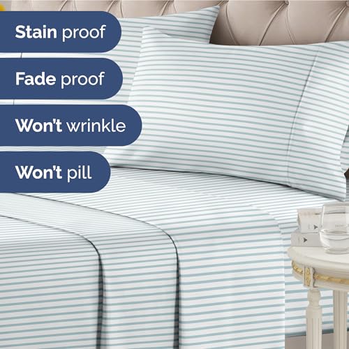Image of King 4 Piece Striped Sheet Set - Soft, Breathable & Cooling - Ocean Stripe | 1 Flat, 1 Fitted & 2 Pillowcases w / Deep Pockets, Luxury Striped Bedding, Soft, Breathable & Cooling, Wrinkle & Fade Free