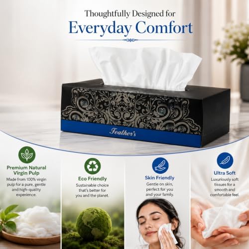 Image of Feather's Face Tissue Box (Dry) | 2 Ply, 200 Pulls per Box, Pack of 6 | Super Soft & Absorbent Facial Tissue Box | Facial Tissue Papers | Virgin Paper, Biodegradable (Random Color Box)
