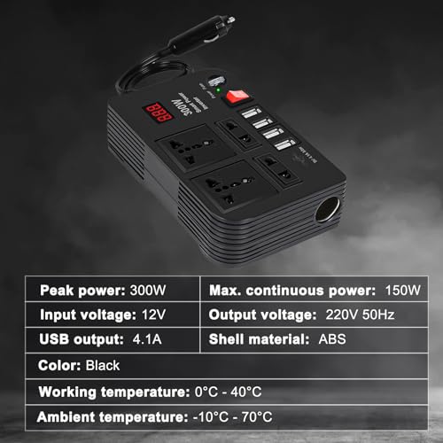 300W Car Power Inverter DC 12V to AC 220V Car Power Inverter 4 USB 4.1A Charging Ports 4 AC Outlets 1 Cigarette Lighter Socket - Durable and Powerful - Black - Image 6