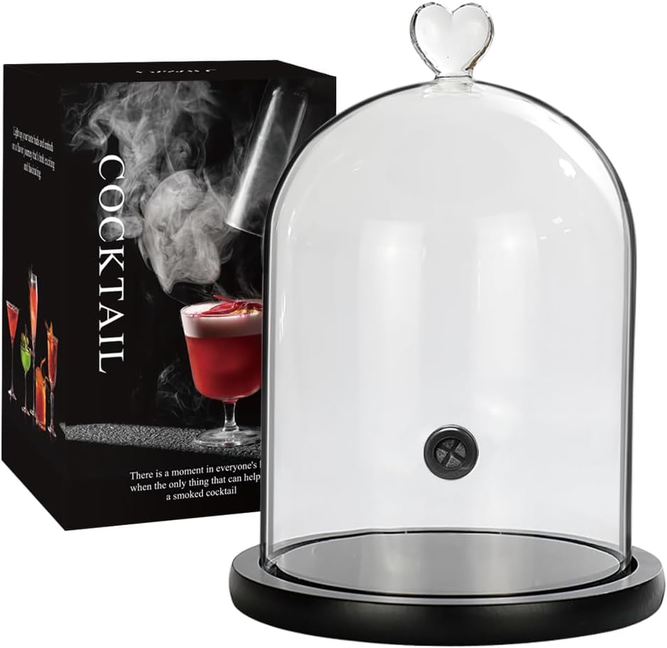 Smoking Cloche For Food Drinks With Wood Base, Cocktails Smoke Infuser Accessory, Glass Dome for Smoker Gun, Clear dome cover