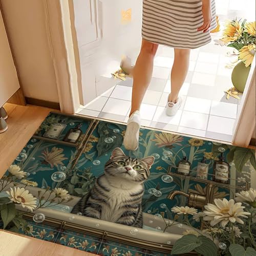 Tapis d'entrée chat baignoire 45x75 cm lavable et antidérapant rétro - 5