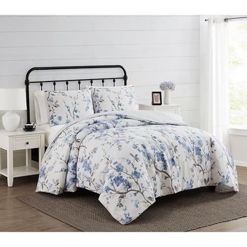 CANNON Kasumi Floral White and Blue Polyester 3-Piece Full/Queen Comforter