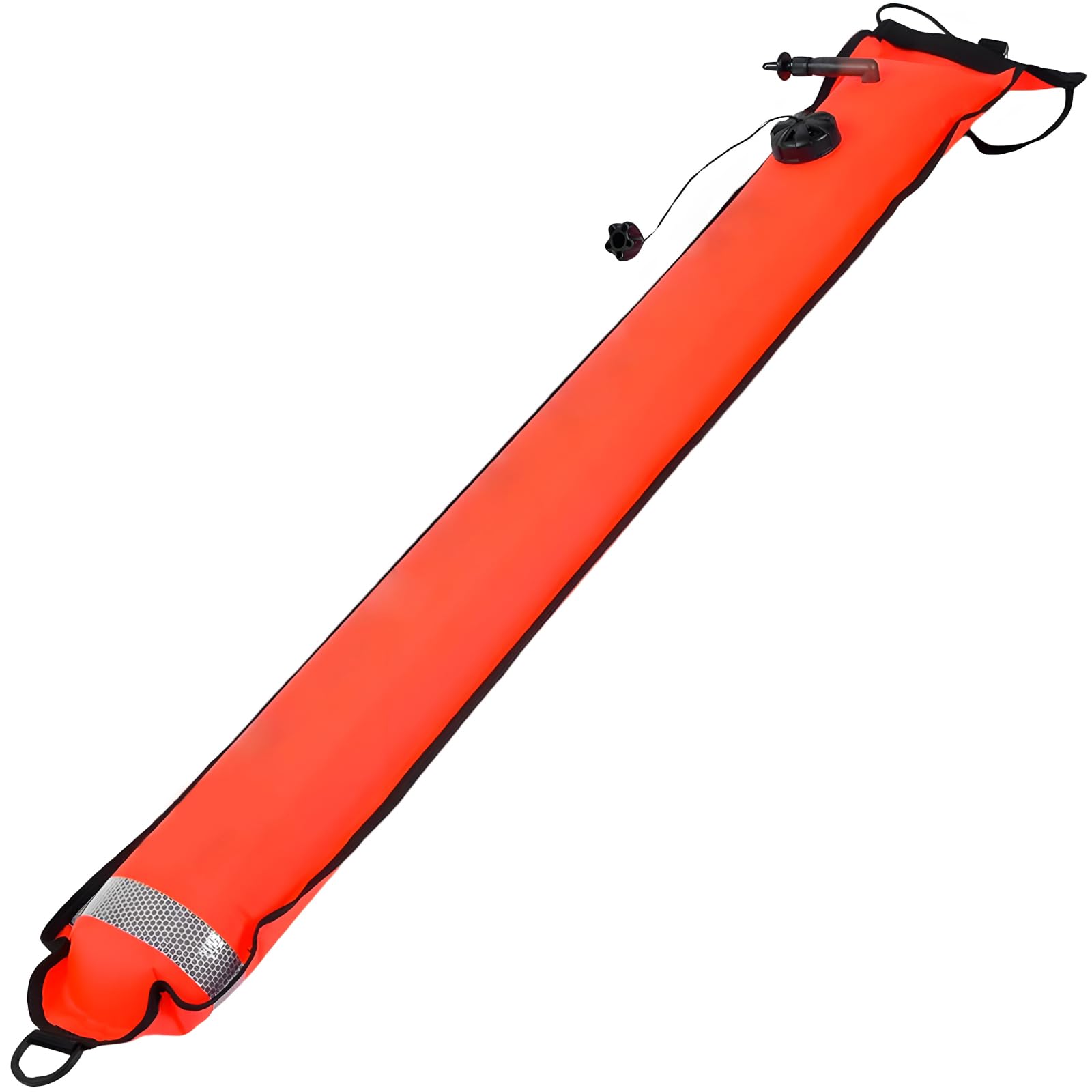 Surface Marker boja kołowrotek nurkowy SMB, wysoka widoczność, pomarańczowy, 1,8 m x 18 cm, wygodny zawór pompowania, paski odblaskowe, napis DIVER BELOW, do nurkowania i łatwego dostrzeżenia na
