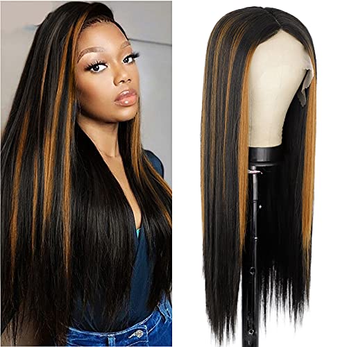 Nnzes Black Mixed Brown Lace Front Wig Long Straight T-Part Lace Front Synthetic Wigs for Women Natural Looking Middle Part Synthetic Straight Hair (Black Mix Brown )