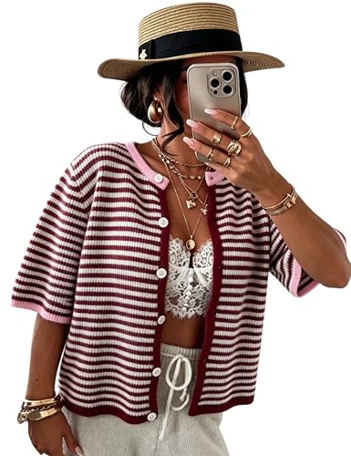 AMEBELLE Short Sleeve Cardigans for Women Lightweight Crewneck Casual Striped Womens Cardigan Sweaters Tops(3040-WineRed-L)