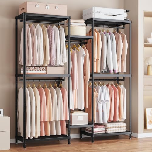 Enjinkail 195cm Tall Heavy Duty Clothes Rail, Metal Open Wardrobe with 8 Shelves and 5 Rods,Max Load 1000LBS, Tall Freestanding Clothing stand, Portable Tidy Rails for Bedroom (180cm Wide)