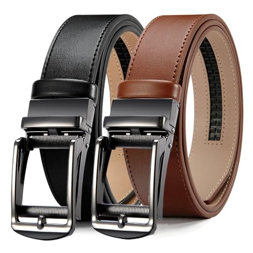Mens Belt Leather Ratchet 1 3/8'' - 2 Packs Belt For Men Gift Dress and Casual with Adjustable Buckle, Trim to Fit