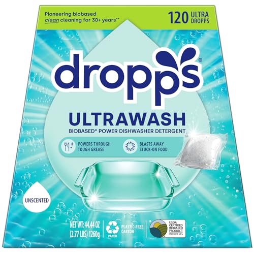 Dropps UltraWash Dishwasher Pods, Unscented (120 Count) - Biobased Power Deep Clean Dishwasher...