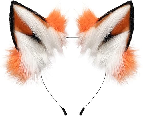 HAOAN Diadema hecha a mano con orejas de piel de zorro de gato para el pelo de anime, disfraz de fiesta de cosplay de Halloween