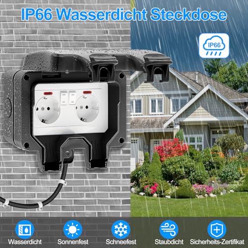 Außensteckdose Steckdose IP66 Wasserdicht Steckdose mit Schalter Kontrollleuchte, Wandsteckdose Feuchtraum Aufputz Schutzkontakt Gartensteckdose Staubdicht Wetterfest Outdoor Steckdose mit Klappdeckel