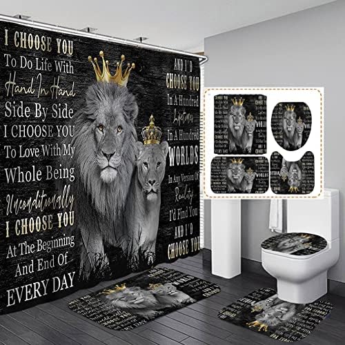 OLEBETY 4PCS Lion King & Queen Shower Curtain Set, I Choose You Romantic Quotes Lion Couple African Safari Wild Animal Bathroom Decor Black Shower Curtain, Non-Slip Bath Mat, for Him