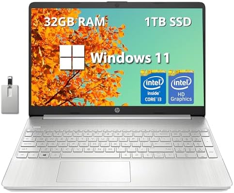 HP 15.6″ FHD Laptop, Intel Core i3-1215U Processor, 32GB RAM, 1TB PCIe SSD, Intel HD Graphics, Bluetooth, 720p HD Camera, HDMI, Wi‑Fi, Win 11, Natural Silver, 32GB Hotface USB Card