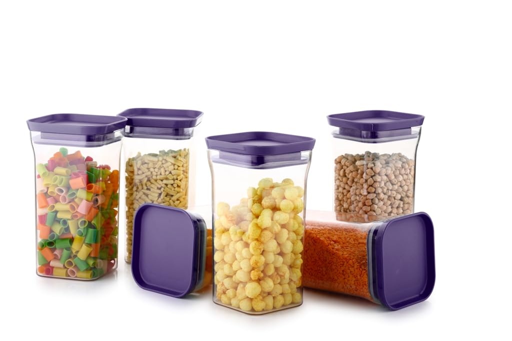 Homeor Lot de 6 bocaux de rangement et récipients en plastique hermétiques et sans BPA empilables pour cuisine - Lot de 6 récipients de cuisine polyvalents - 1100 ml chacun - Violet