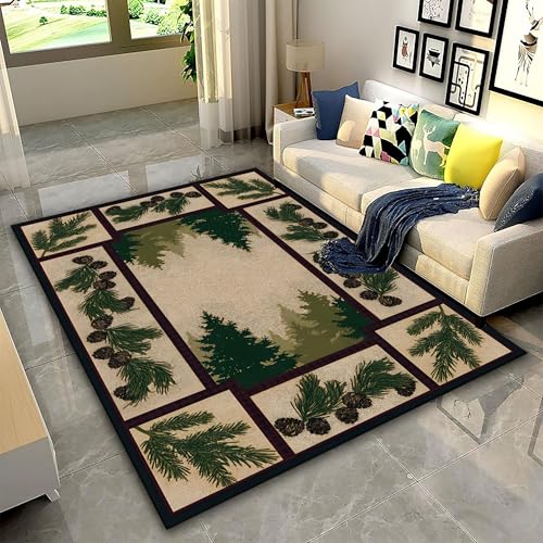 MqQLcH Boho Pine Forest Landscape Area Rug,4x6ft Vintage Pinecone Deciduous Tree Printed Rug, Washable Non-Slip Soft Indoor Floor Mats - Nature Inspired Home Décor