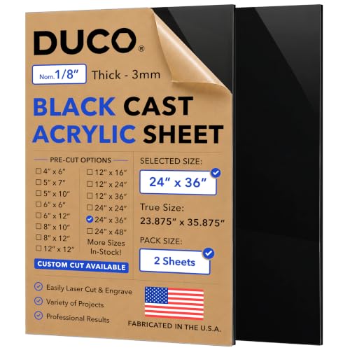 Duco 1/8" Black Cast Acrylic Sheets, 24"x36" Plexiglass Sheets, 2 Pack