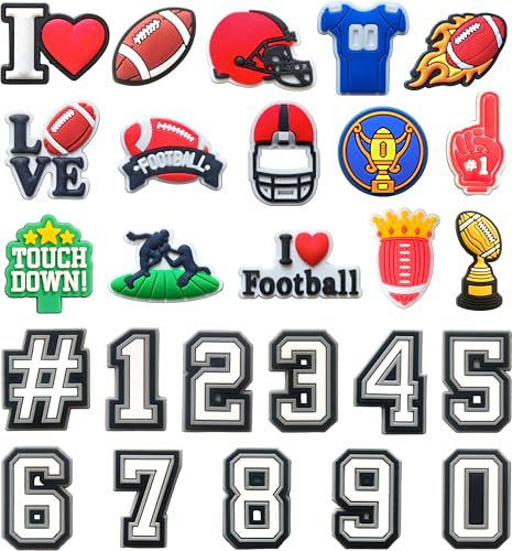 Mowzury Football Shoe Charms for Boys 26PCS Sports and Number Shoe Decoration Charms for Clog Cute Accessories Pins for Girls Kids Party Favors Gift