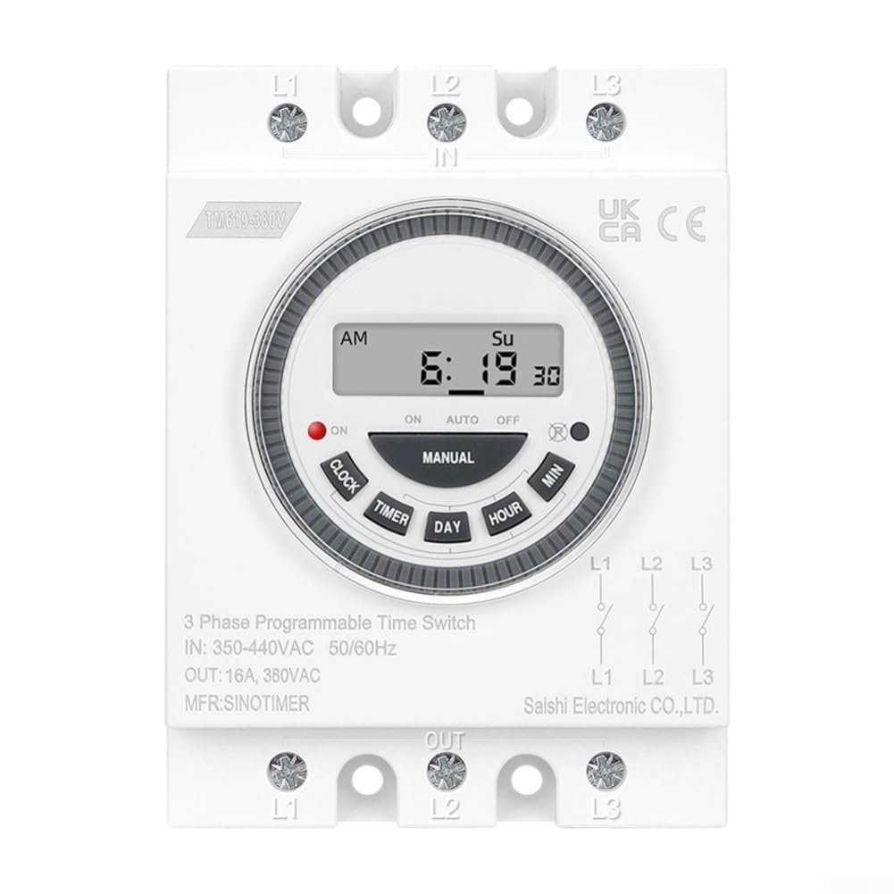 TM619-380V Interruptor Temporizador Programable Trifásico, Controlador de Tiempo Digital de 7 Días, 16A 380VAC, Retroiluminado LCD 18 Modos de Programa