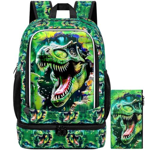 Image of 2 In 1 Dinosaur Backpack for Boys, 17 inch Kids Bookbag with Insulated Lunch Box, School Backpacks for Elementary Preschool Kindergarten (Black)