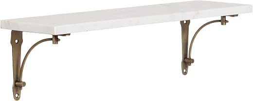 Kate and Laurel Hatley Vintage Glam Ornate Marble and Metal Shelf, 20 x 5 x 6, White Marble and Antique Brass, Classic Dec...