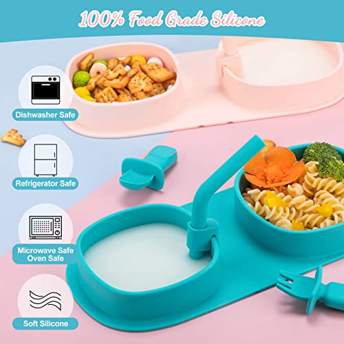 Silicone Toddler Baby Plates Dishes - Kids Portable Led Weaning Plate, Infant Non-Slip Divided Grip Dish Self Feeding Training Eating With Spoon Fork Straw Set For Camping Travel Outdoor Dinner (Pink) #TOP3