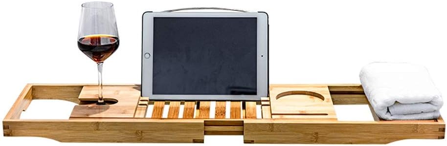 Tray Bamboo Bathtub Caddy Tray Snack Box Bathtub Tray Rack with Tablet Holder Towel Tray Extending Sides Wine Glass Bathroom Rack Organizer (Color : A)