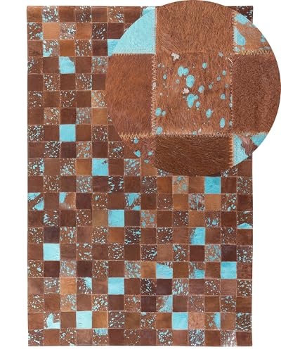 Tapis Patchwork 140 x 200 cm en Peau de Vache Marron et Bleu Fait à la Main Aliaga