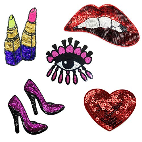 Shiny Sequins Patches Sexy Lip Lipstick Eye Patch Iron On Stickers Beautiful Mouth Patch Cartoon Handmade Large Applique for Women Clothes Motif Garment 6 Pcs (Style 2)