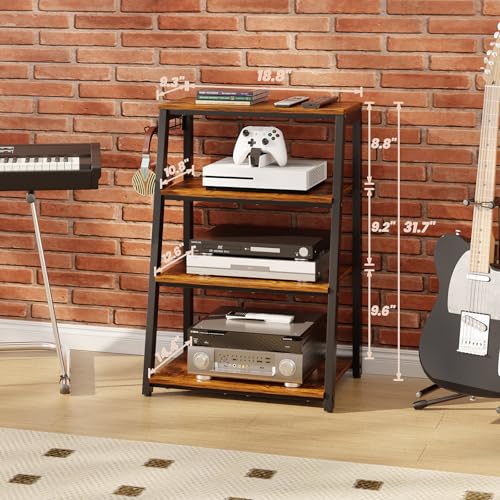 4-Tier AV Media Stand with 2 Hooks, Heavy Duty Stereo Cabinet Furniture - Stereo Rack and Game Console Stand, Wooden Record Player Stand, Audio Stand Perfect for DVD Players/Game Console/TV Box/Xbox - Image 4