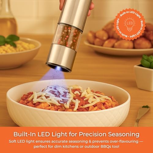 Innoteck Electric Salt and Pepper Mill Set - Battery-Operated Stainless-Steel Pepper Mill with Light - One Touch Operation - Salt & Pepper Mills - Adjustable Coarseness - Ceramic Grinder - Image 4
