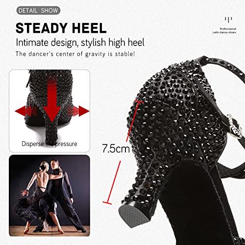Image of JUODVMP Women's Latin Dance Shoes Rhinestones Satin Ballroom Dancing Shoes Salsa Professional Dance Shoes