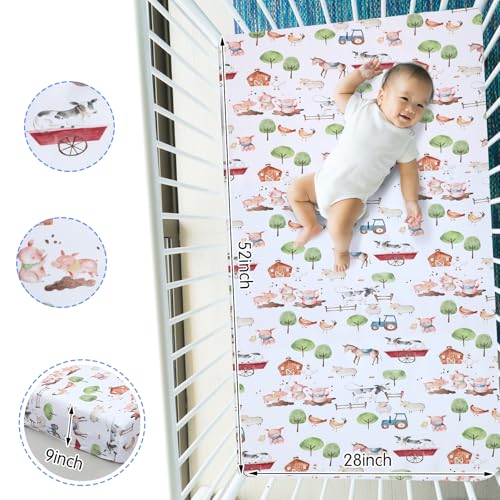 Image of Mindsoft 2 Pcs Farm Animal Crib Sheet Set 52 x 28 x 8 Inches Fit for Standard Crib Toddler Mattress Newborn Gifts for Girl Boys, Breathable Soft Baby Sheet