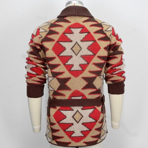 Mens Vintage Cardigan Sweater Shawl Collar Jacquard Knit Button Up Heavy Weight Knitwear with Belts4