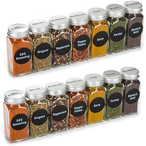 Premium Vials 4oz, BEST VALUE 14 Glass Spice Jars includes pre-printed 113 CLEAR PVC labels & round 126 CHALKBOARD labels. 14 Square Empty Jars, Airtight Cap, kitchen Funnel Pour/Sift Shakers