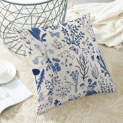 Image of AEIOAE Summer Pillow Covers 24x24 Inch Set of 2,Navy Blue Wild Flower Plant Throw Pillows Case,Seasonal Floral Outdoor Decorative Square Linen Farmhouse Decor Cushion Covers for Home Couch Sofa Bed