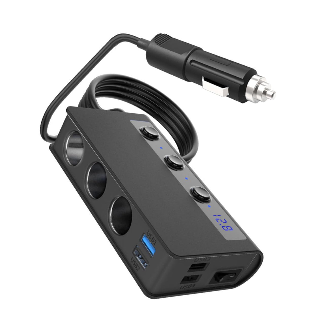 Adaptador Cargador para Coche 180 W, 12 V-24 V, 4 Puertos USB y 3 Tomas, Interruptor Independiente y Luz LED
