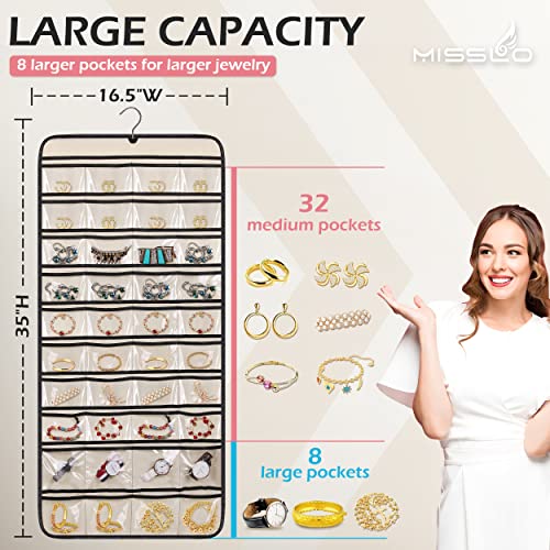 image for MISSLO Dual-sided Hanging Jewelry Organizer with 40 Pockets and 20 Hoo