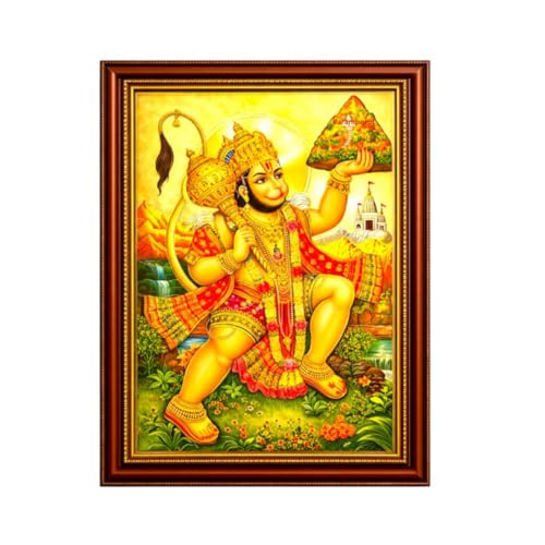 Image of Paramporul Gallery Hanuman Carrying Sanjeevi Parvat Gold Foil Photo Frame for Pooja Room, Hindu God Wall Decor, Ready to Hang, 10x14 Inch