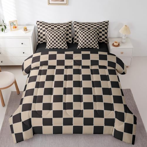 Image of Erosebridal Geometric Plaid King Comforter Set 7 Piece Beige Black Brown Checkerboard Bed in A Bag with Sheets Checkered Grid Bedding Set for Kids Boys Men,Modern Aesthetic Bed Set