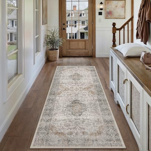 PureCozy Vintage Teppich Wohnzimmer 120x170cm Taupe Schlafzimmer Wohnzimmerteppich Waschbarer rutschfest Carpet Boho Bettvorleger Esszimmer BüRo Weich Kurzflor Groß Teppiche Retro Taupe 120